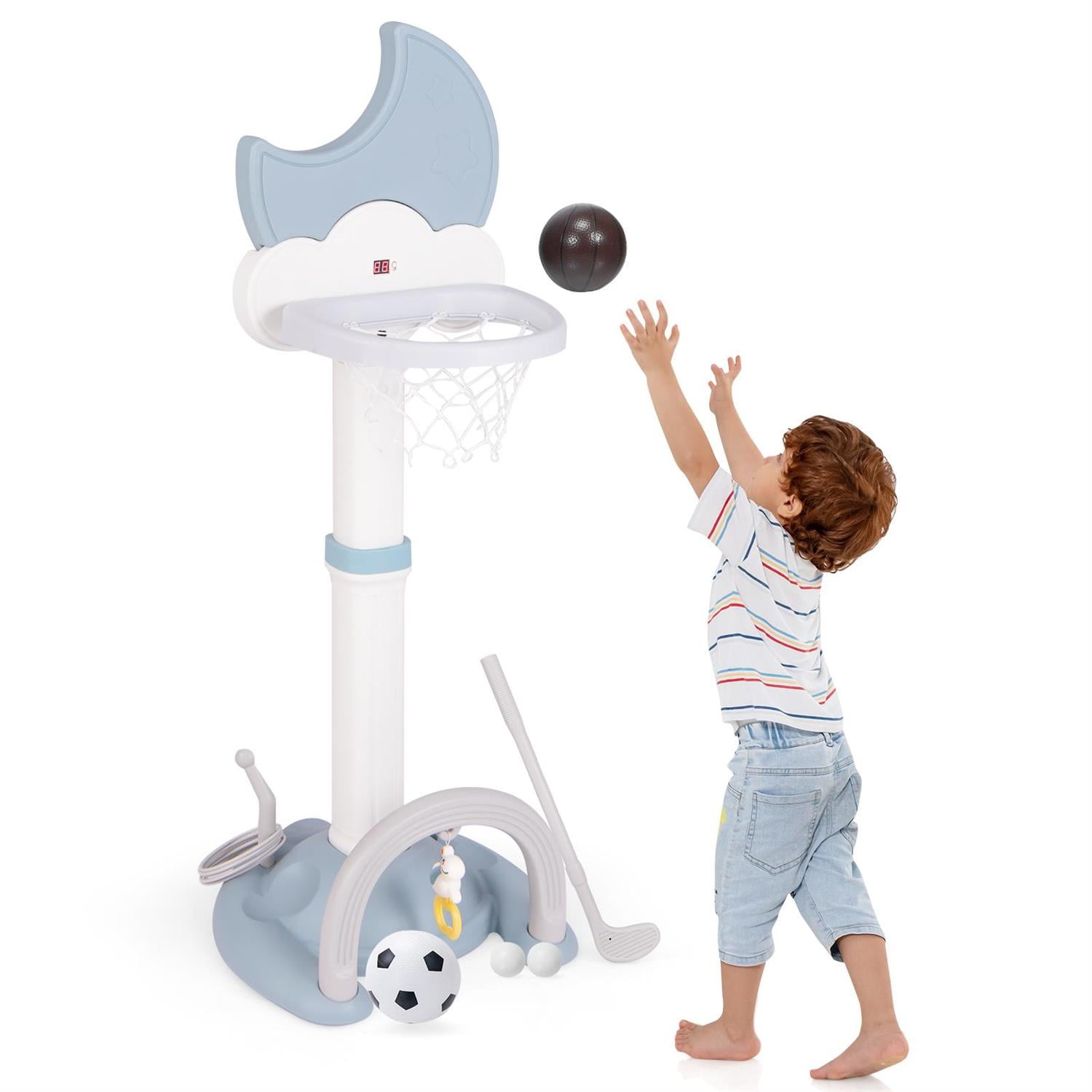 Demi Bonn 4-In-1 Basketball Hoop, Height-Adjustable Design, Electronic Scoreboard, Moon-Shaped Aesthetics, Indoor & Outdoor Play Set, Blue
