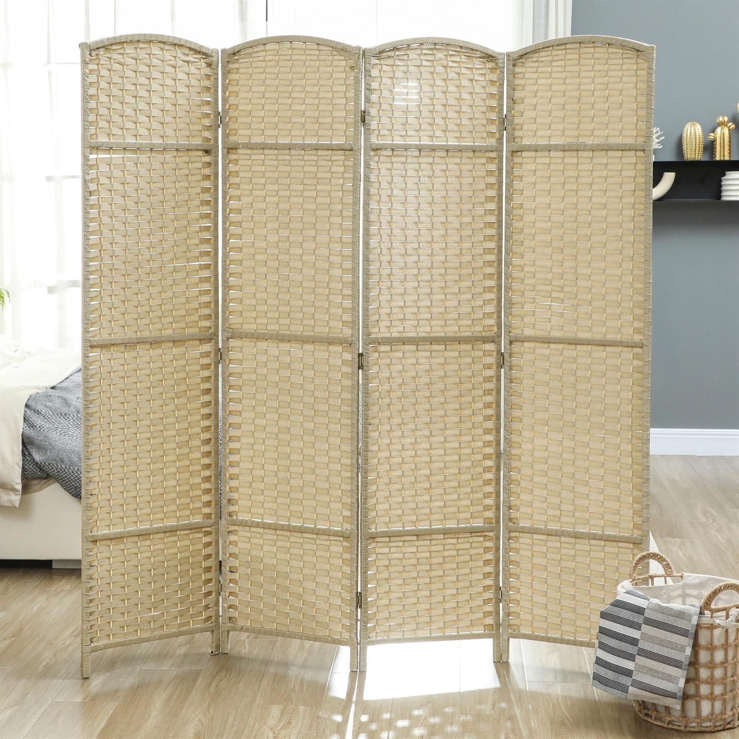 Demi Bonn 4 Panel Folding Room Divider Screen, 5.6' Tall Privacy Screen, Home Office Partition, Space Saving Design, Easy to Assemble, Beige