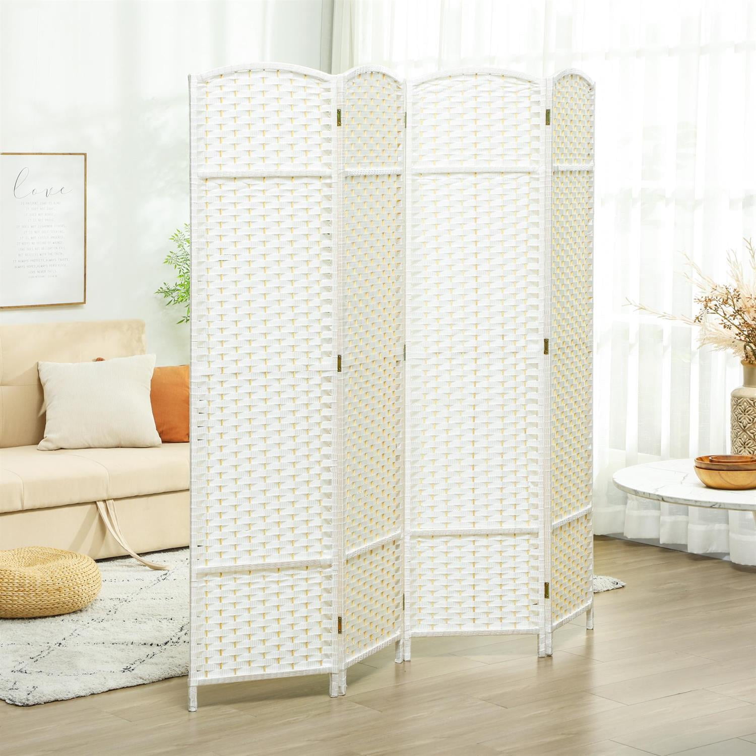 Demi Bonn 4 Panel Folding Room Divider Screen, 5.6' Tall Privacy Screen, Home Office Partition, Space Saving Design, Easy to Assemble, White