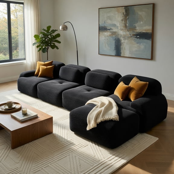 Demi Bonn 4-Seat L-Shaped Modular Sofa, 32D High-Resilience Sponge, Chaise Design, Extra-Wide Curved Armrests, Anti-Slip Base, Free Combination, No Assembly, for Study Living Room Media Room, Black