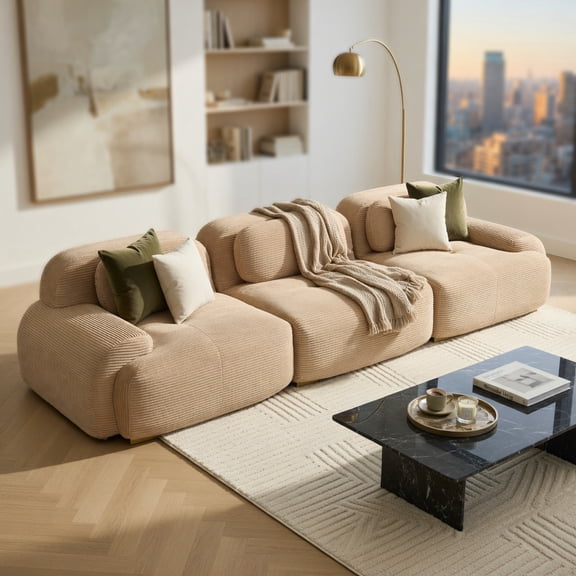 Demi Bonn 4-Seat Modular Sofa, Soft Corduroy Fabric, 32D High-Resilience Sponge, Pet-Friendly & Ergonomic, Vacuum Compressed, Free Combination, No Assembly, for Bedroom Study, Brown