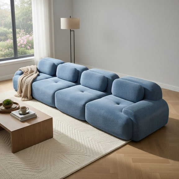 Demi Bonn 4-Seat Modular Sofa, Soft Corduroy Fabric, 32D High-Resilience Sponge, Pet-Friendly & Ergonomic, Vacuum Compressed, Free Combination, No Assembly, for Bedroom Study, Blue