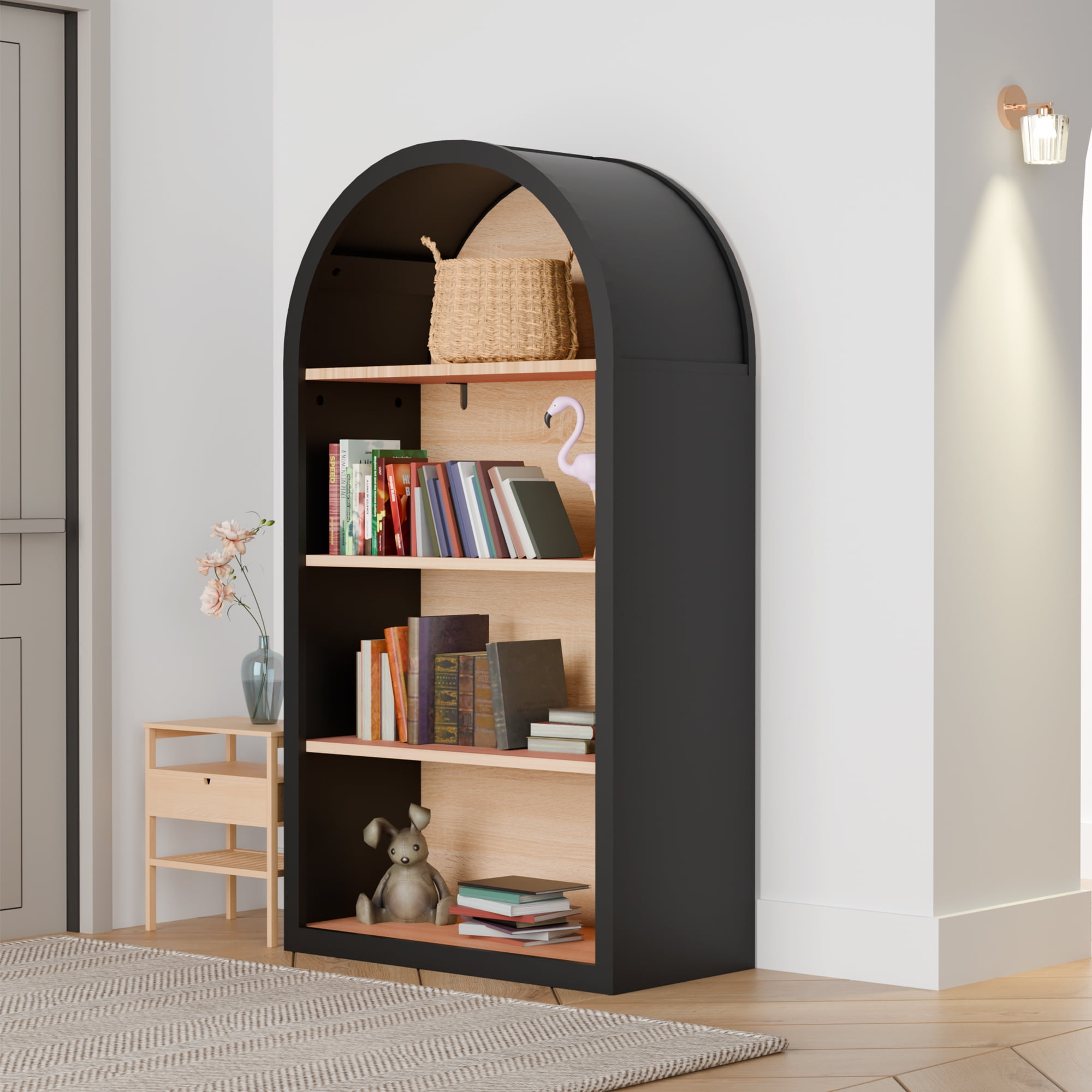 Demi Bonn 4-Tier Arched Bookcase, 43" Tall Bookshelf with Storage Shelves for Living Room, Home Office, Bedroom, Black