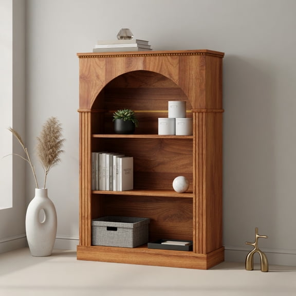 Demi Bonn 3-Tier Arched Open Bookshelf in Light Walnut, Freestanding Rustic Wood Display Shelf with Beaded Trim for Living Room, Home Office & Bedroom