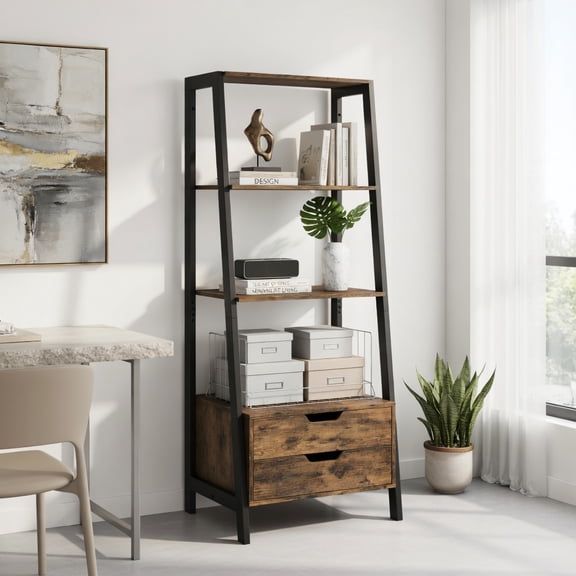 Demi Bonn 4-Tier Ladder Shelf, 2 Drawers, 52.5 Inch Tall, Heavy-Duty, Anti-Tipping, Freestanding Bookcase, Rustic Brown