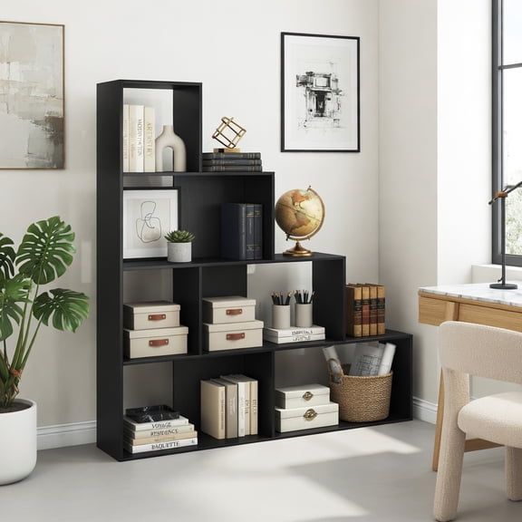 Demi Bonn 4-Tier Modern Stepped Bookshelf, 6 Storage Cubes, Anti-Falling Design, Living Room Use, Black