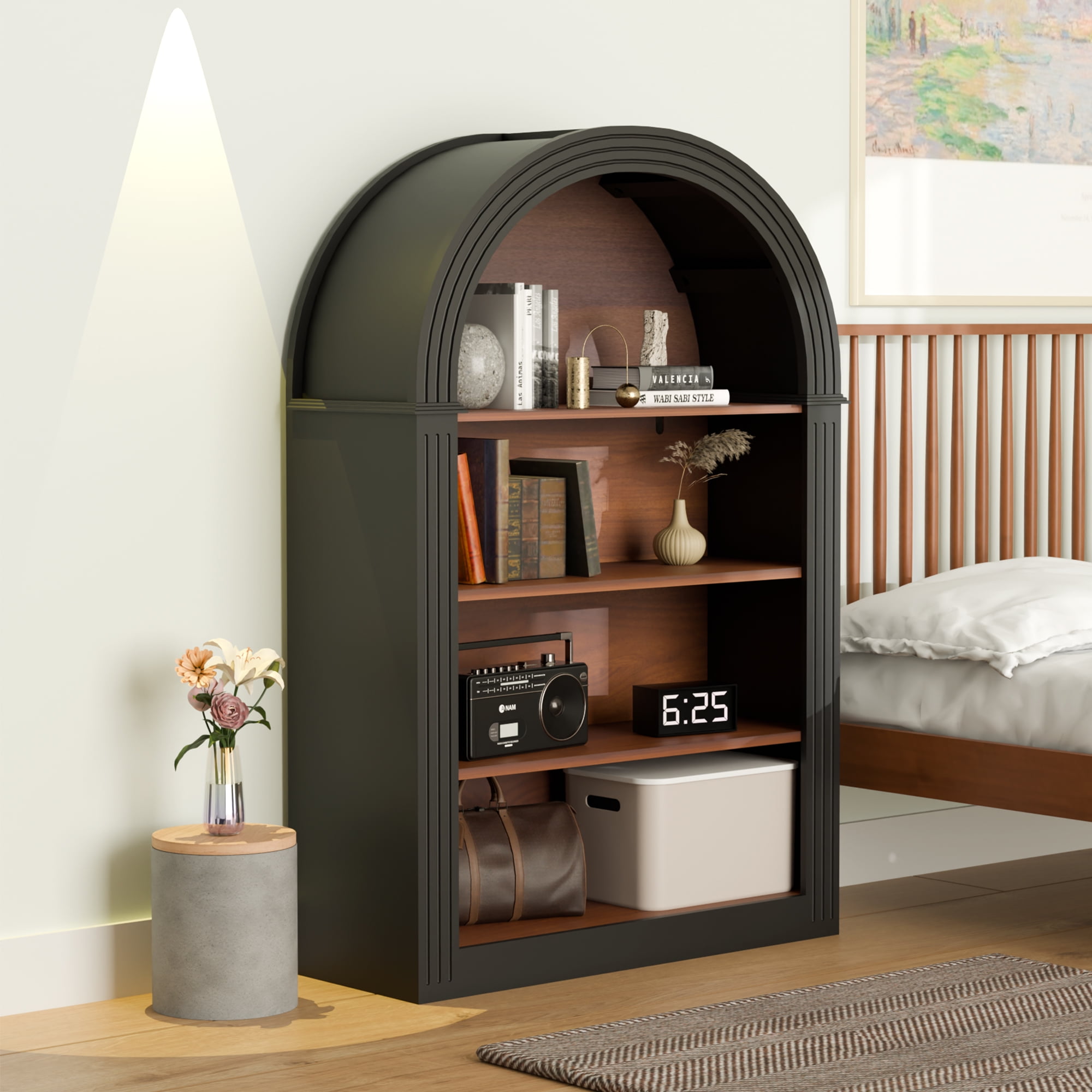 Demi Bonn 4-Tier Open Display Arched Bookcase, 45" Tall Wood Bookshelf with Storage Shelves for Living Room, Home Office, Bedroom, Black