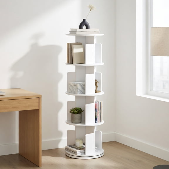 Demi Bonn 4-Tier Rotating Bookshelf, 360° Display Rack, Dividers, Anti-Falling Baffles, Customizable Tiers, White