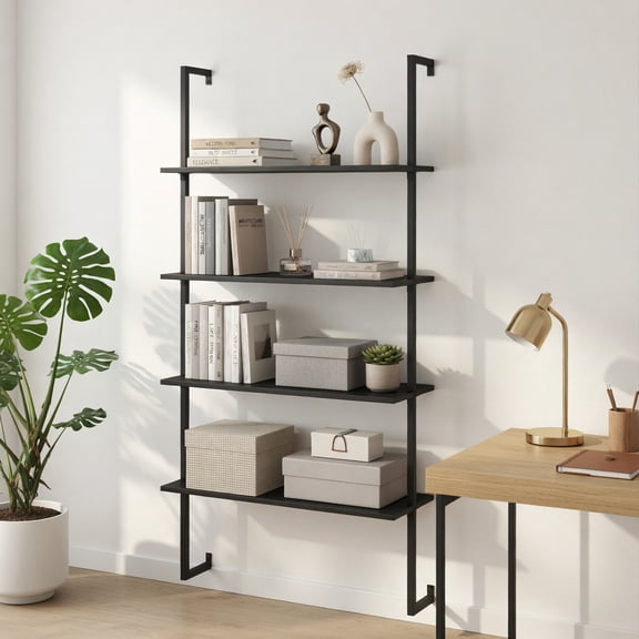 Demi Bonn 4-Tier Wall Mounted Ladder Shelf Thickened Wooden Boards Metal Frame Anti-Falling Space Saving Storage Bookcase for Living Room Kitchen, Black