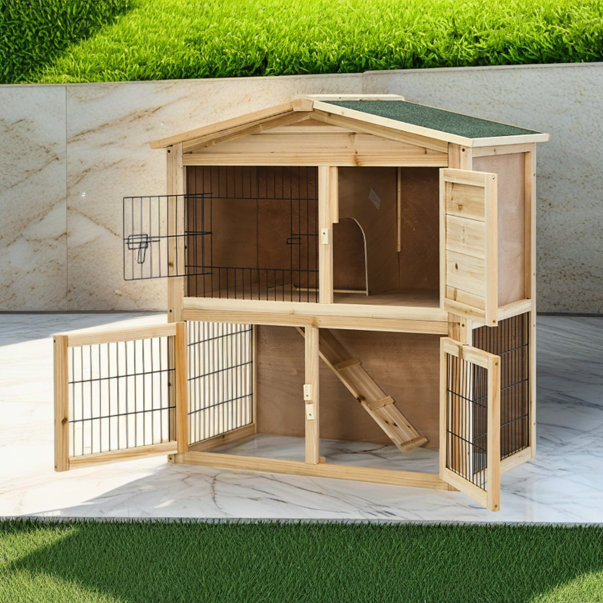 Kadyn 40" 2 Story Rabbit Hutch with Trays, Outdoor Weatherproof Bunny Cage with Ramp, Pet House Chicken Coops, Beige