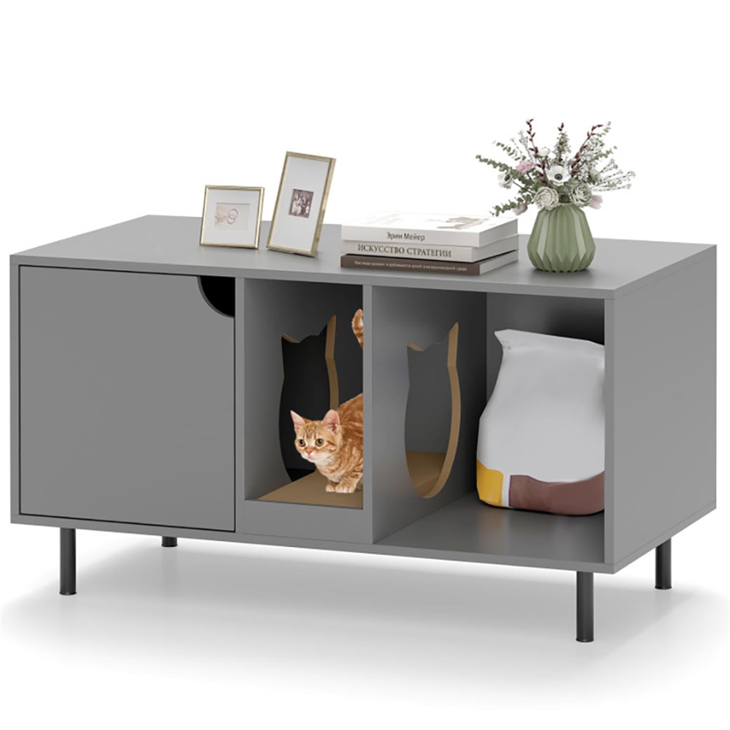 Kadyn 40" Cat Litter Box Enclosure Furniture with Scratching Board, Hidden Litter Box for Cats, Cat House Furniture for Side Table or Nightstand, Gray