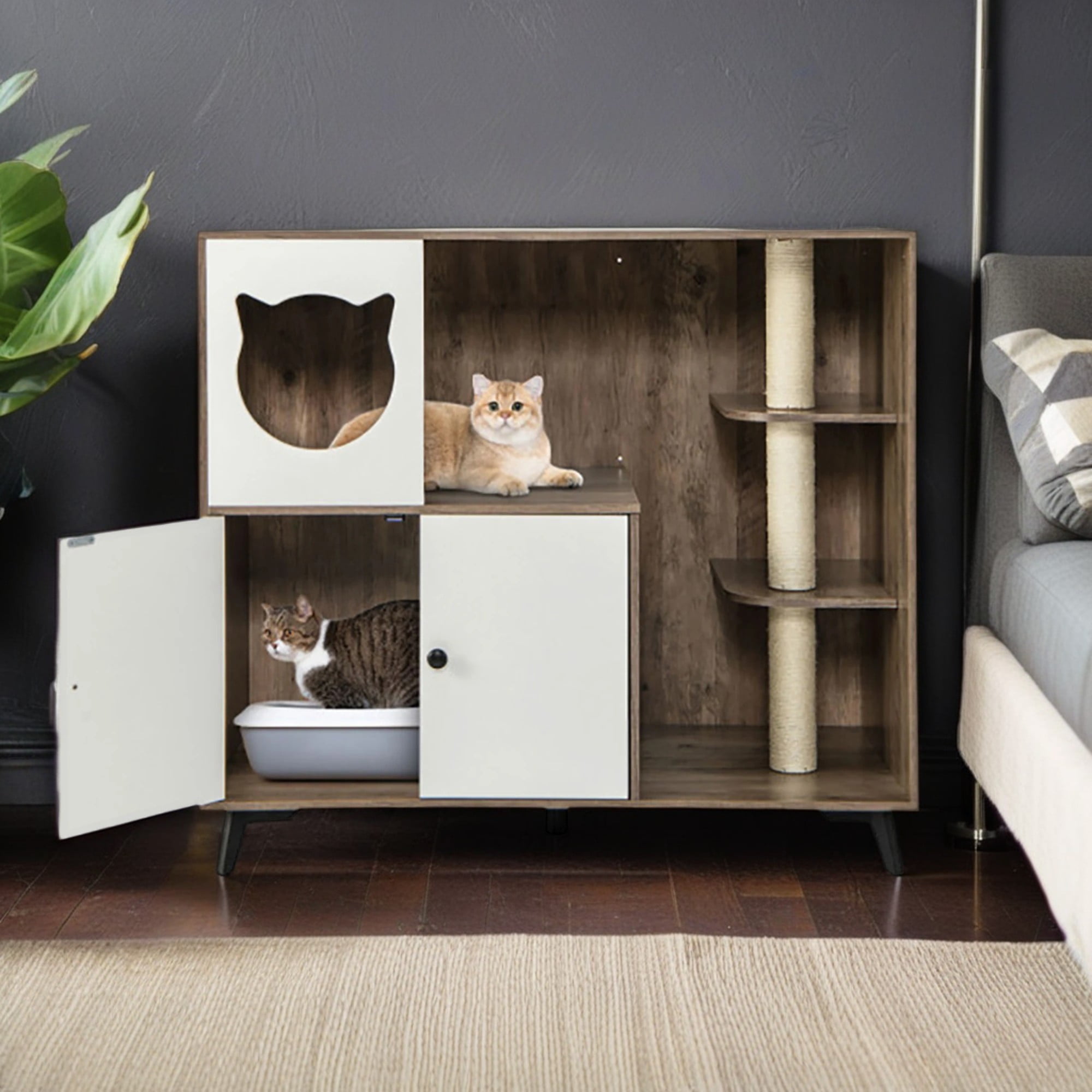 Kadyn 40" Cat Litter Box Enclosure Hidden with 3 Sisal Scratching Posts for Indoor Cats, All-in-One Wood Cat House Condo Furniture, Brown