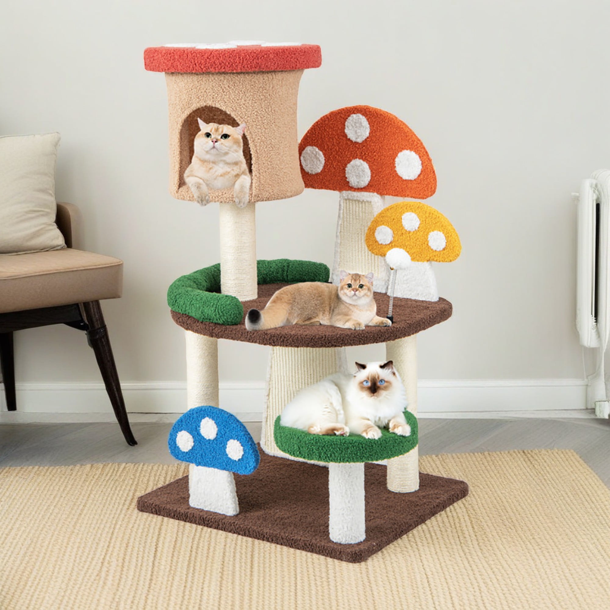 Kadyn 40" Cat Tree Tower with Sisal-Covered Scratching Post, 4-In-1 Mushroom Cat Condo with Padded Perch, for Small Spaces, Kittens, Multicolor