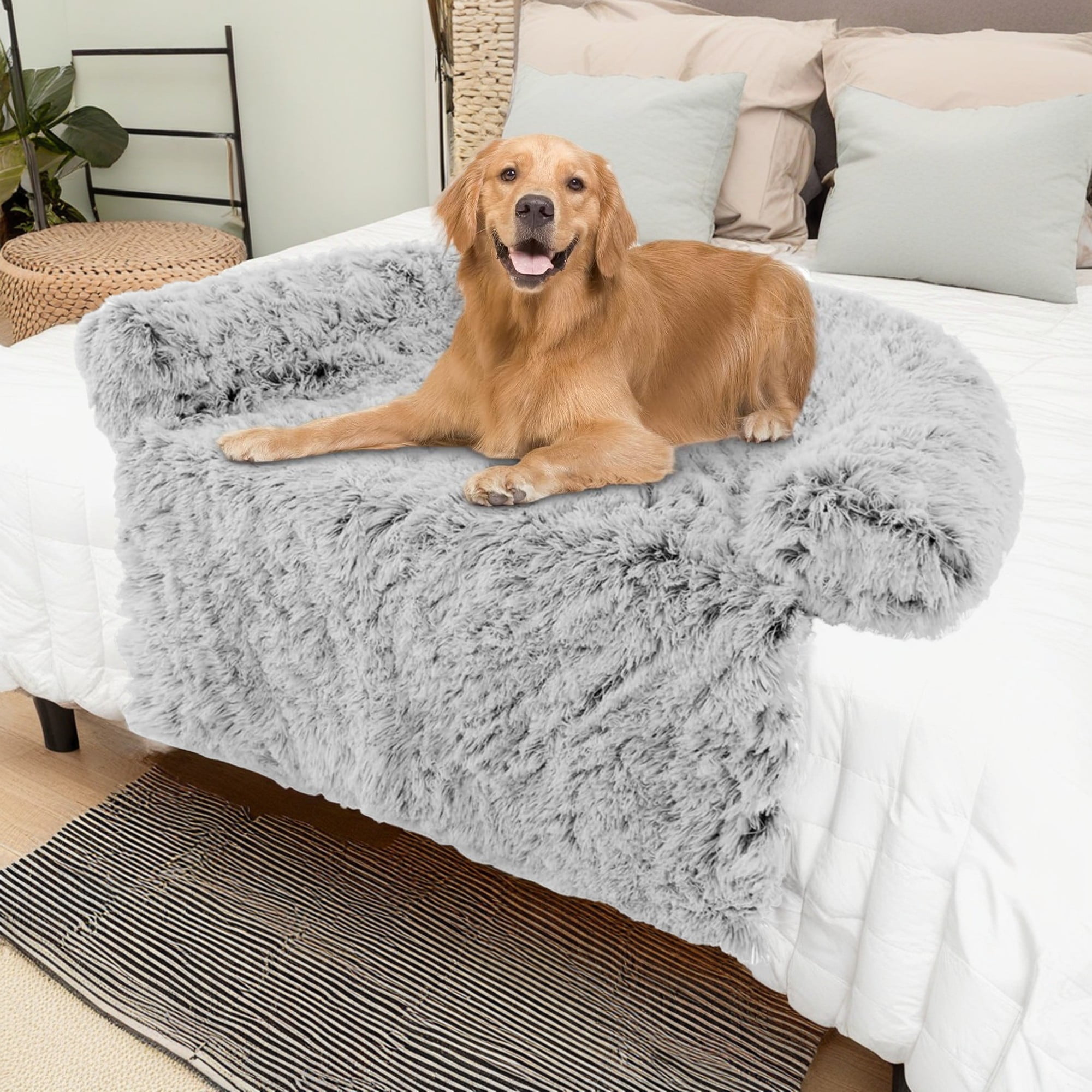resenkos 40" Dog Bed for Couch, Calming Dog Beds for Large Dogs, Fluffy Plush Bed for Pets, Anti Anxiety Dog Bed with Removable Cover, Grey-S