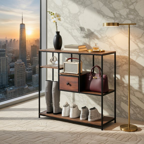 Demi Bonn 40 Inch Console Table Behind Sofa Couch Staggered Shelves Fabric Drawer Metal Frame Anti-Slip Foot Pads Foldable Design Entryway Living Room Storage, Rustic Brown