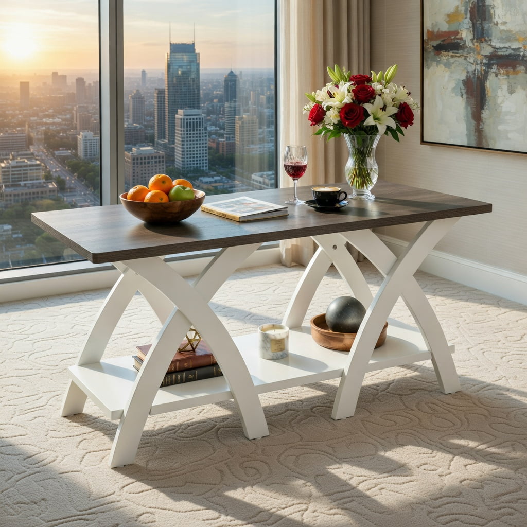 Demi Bonn 40 Inch Farmhouse Coffee Table, X-Shaped Legs 2-Tier Wood ...