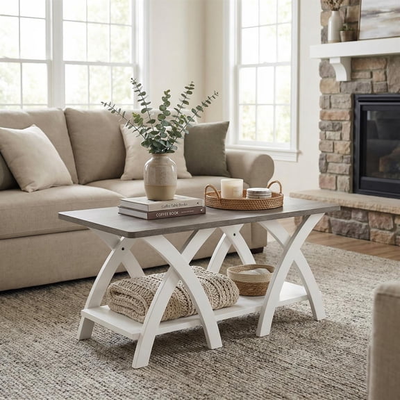 Demi Bonn 40 Inch Farmhouse Coffee Table, X-Shaped Legs 2-Tier Wood Storage Shelf, Gray