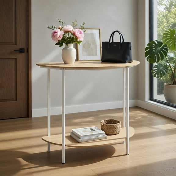 Demi Bonn 40 Inch Half Moon 2-Tier Console Table, Oak-Finish Space-Saving Entryway Hall Tree with Storage Shelf, Natural & White