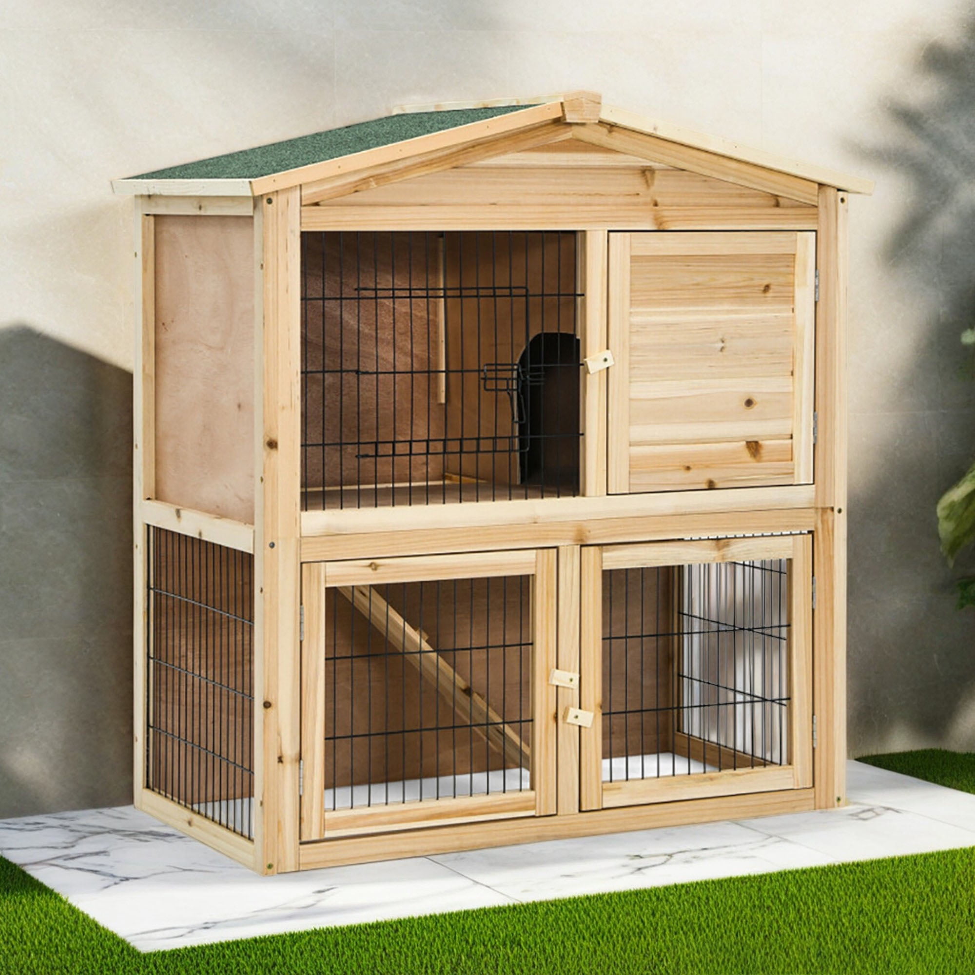 Kadyn 40" Indoor Rabbit Hutch with Run, 2-Story Chicken Coops with Ramp, Pull-Out Tray, Outdoor Bunny Cage for Rabbits or Guinea Pigs, Beige