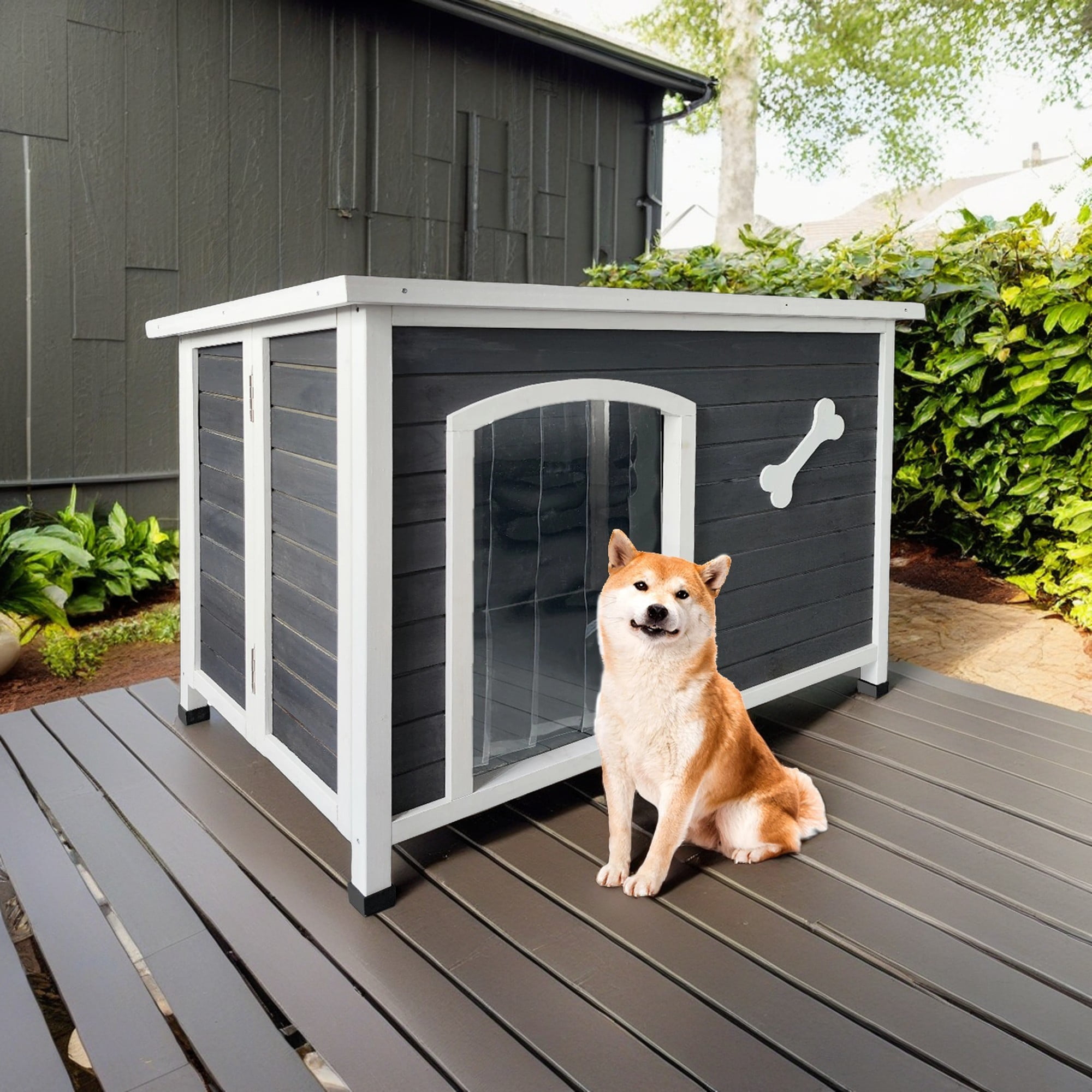 Large Gray and White Wooden Raised Dog House