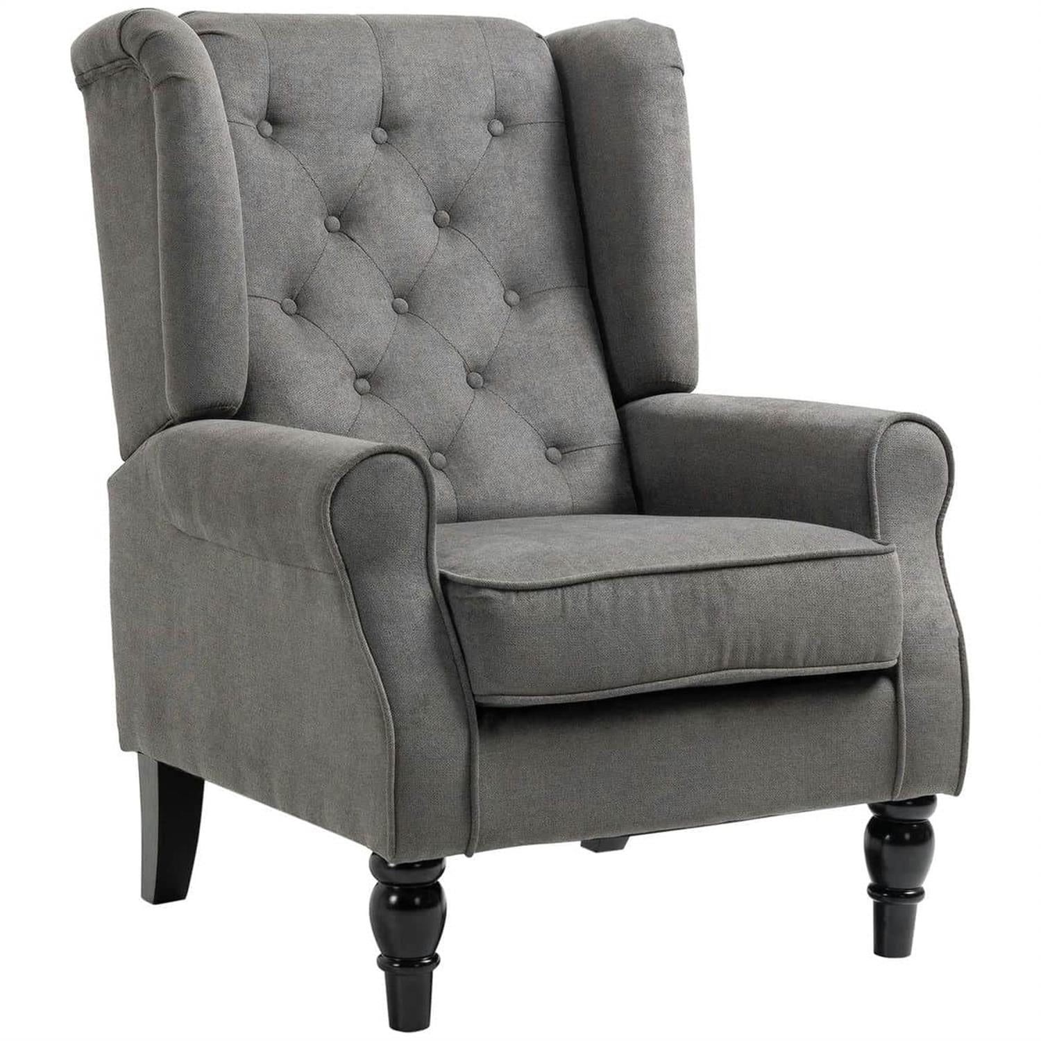 Demi Bonn 40" Modern Upholstered Armchair with High Back Button Tufted, Mid-Century Retro Wood Leg Chair for Living Room, Bedroom, Dark Gray