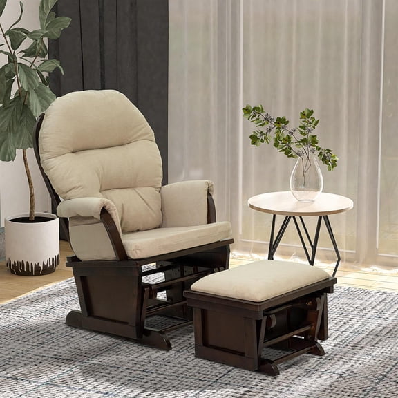 Demi Bonn 40" Nursery Glider Rocking Chair with Ottoman, Thick Padded Cushion Seating and Wood Base for Living Room, Beige