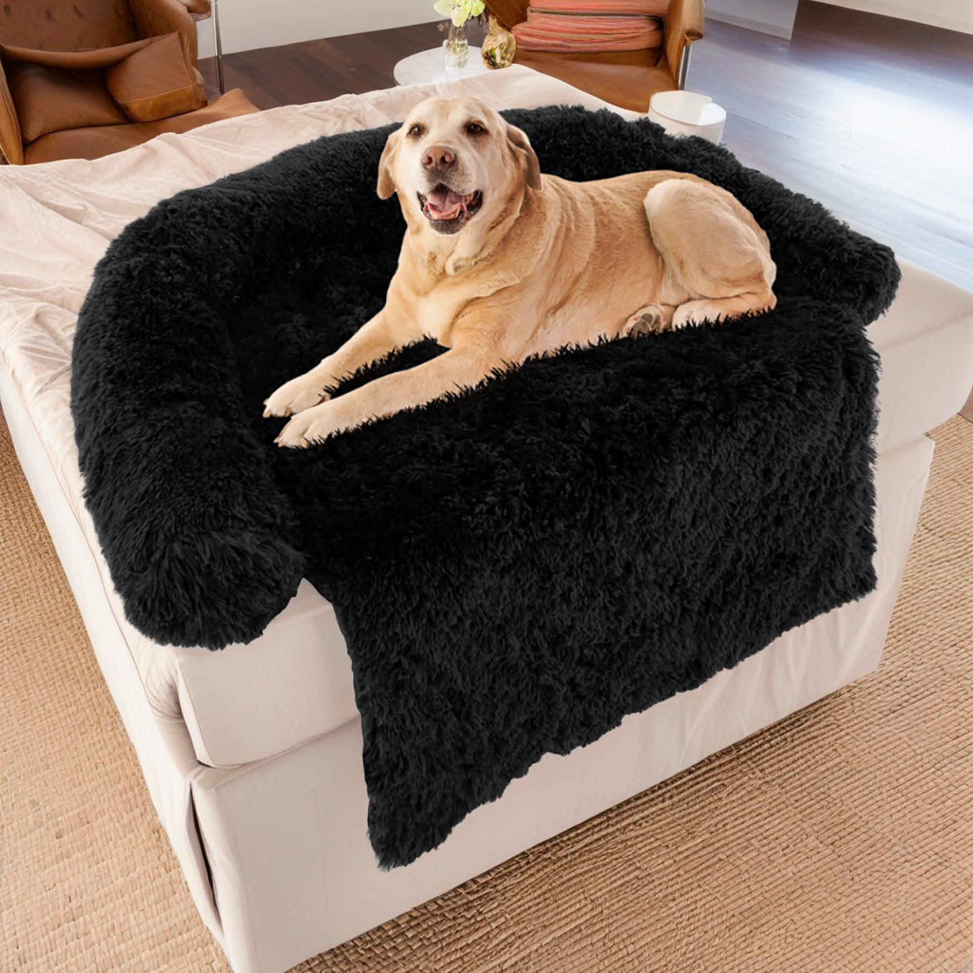 Kadyn 40" Plush Long Fur Dog Couch Bed, Dog Bed Mats with Anti-Slip Bottom, Washable Removable Couch Cover, Perfect for Small Dogs Cats, Black-S