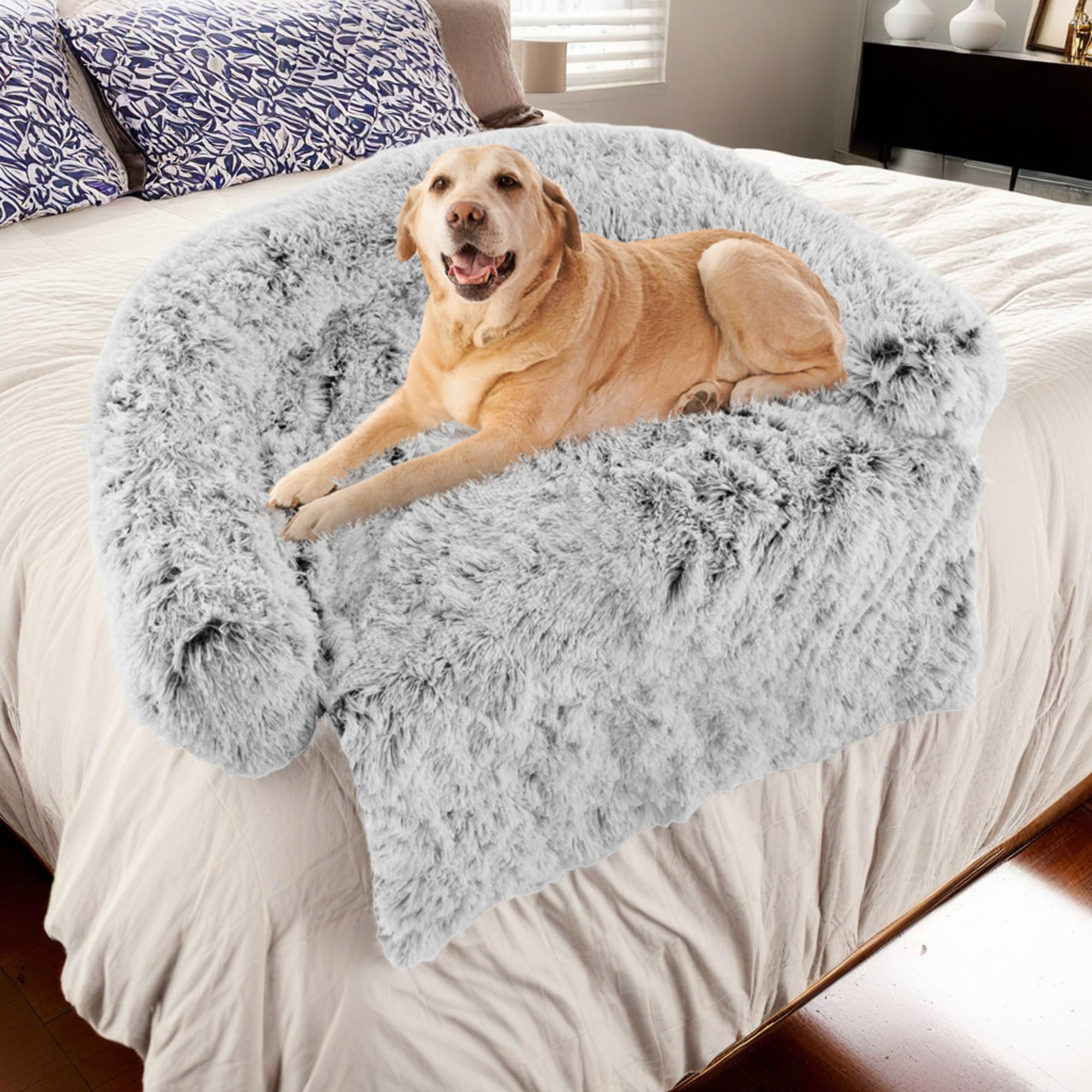 resenkos 40" Plush Long Fur Dog Couch Bed, Dog Bed Mats with Anti-Slip Bottom, Washable Removable Couch Cover, Perfect for Small Dogs Cats, Gray-S