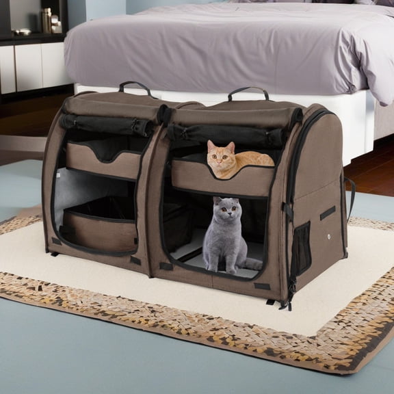 Demi Bonn 40" Portable Twin Compartment Show House Cat Cage/Condo, Fold Kennel Dog Travel Crate with Carry Bag, 2 Removable Hammocks and Collapsible Litter Box, Brown