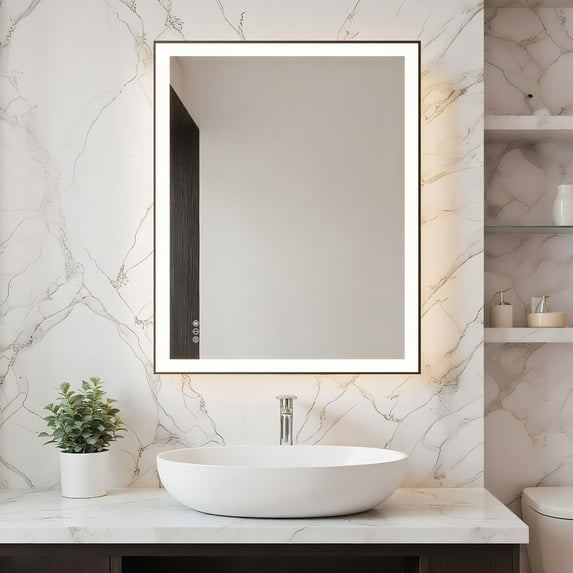 Demi Bonn 40x32 Inch LED Bathroom Mirror, Black Frame, High Color Accuracy, Anti-Desilvering, 50,000-Hour LED, Ultra-Bright Lights, Touch Color Temp, Defogging, Multi-Orientation