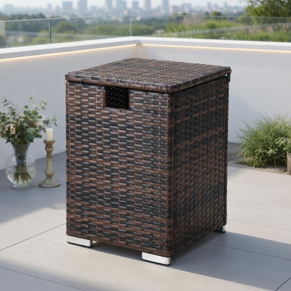 Demi Bonn 40x40x57cm Brown Gradient PE Rattan Gas Tank Storage End Table Iron Frame 75L Large Capacity Modern Farmhouse Accent Table, Brown