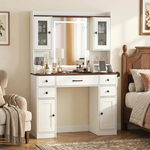 Demi Bonn 41.5 Inch Makeup Dressing Table with Power Outlets, 3 Color Lighting Modes & Hair Dryer Rack, White + Walnut