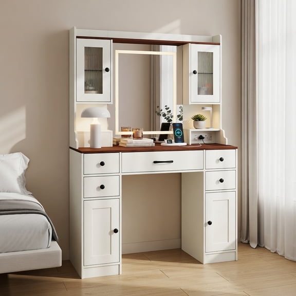 Demi Bonn 41.5 Inch Makeup Dressing Table with Power Outlets, 3 Color Lighting Modes & Hair Dryer Rack, White + Walnut