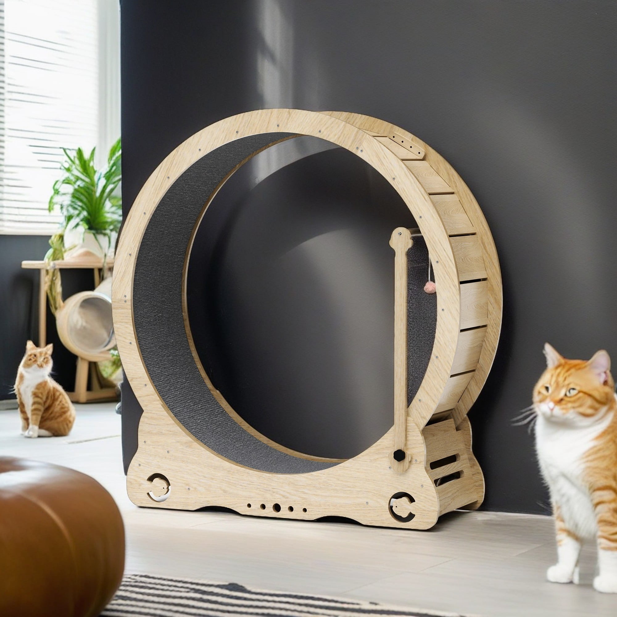 resenkos 41" Cat Exercise Wheel with Locking Latch, Indoor Cat Treadmill with Carpeted Running Track, Cat Exercise Wheel with Teaser Equipment, Beige