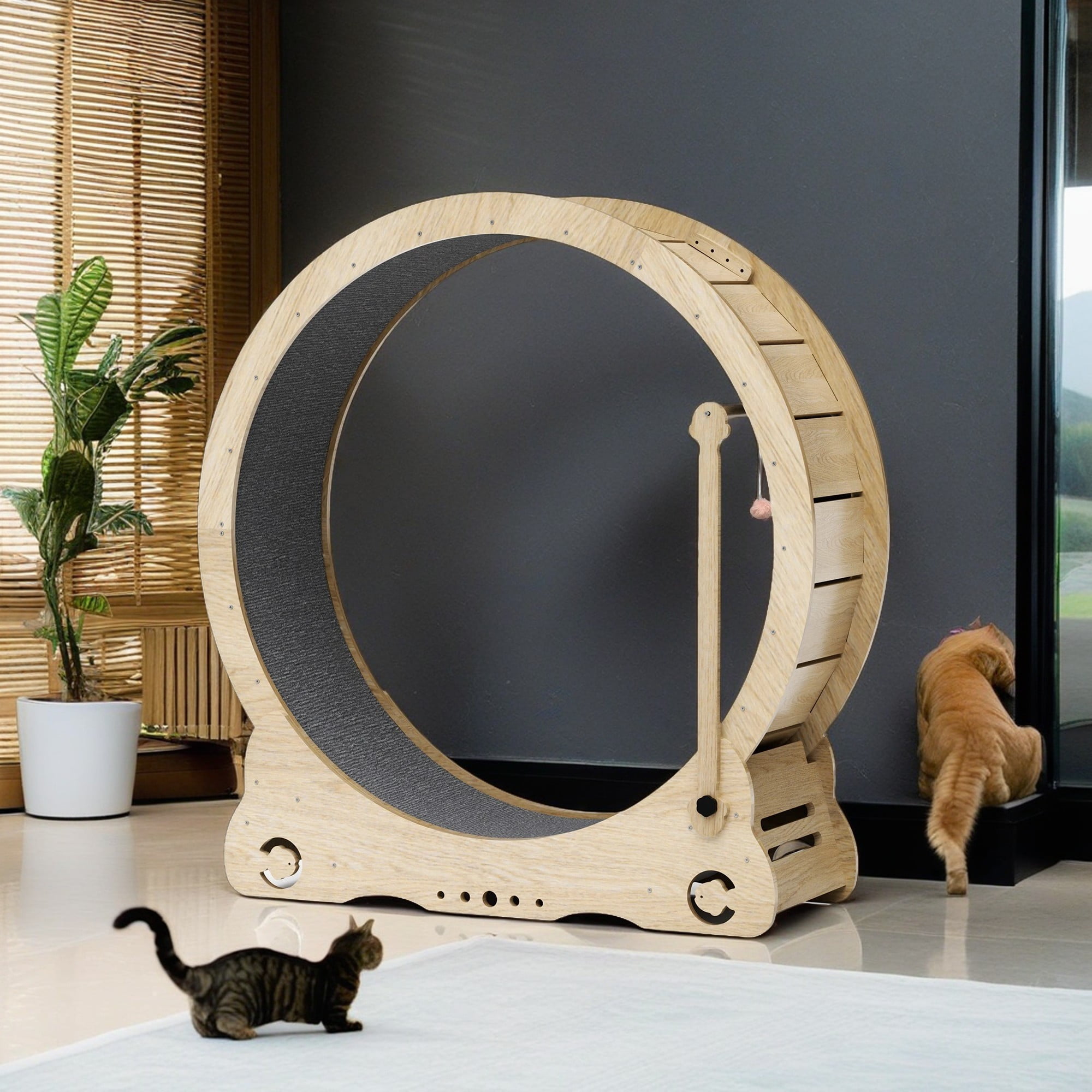 resenkos 41" Cat Exercise Wheel for Indoor Cat, Large Cat Running Wheel with Carpeted Runway, Cat Treadmill Wheel with Teaser Equipment, Beige