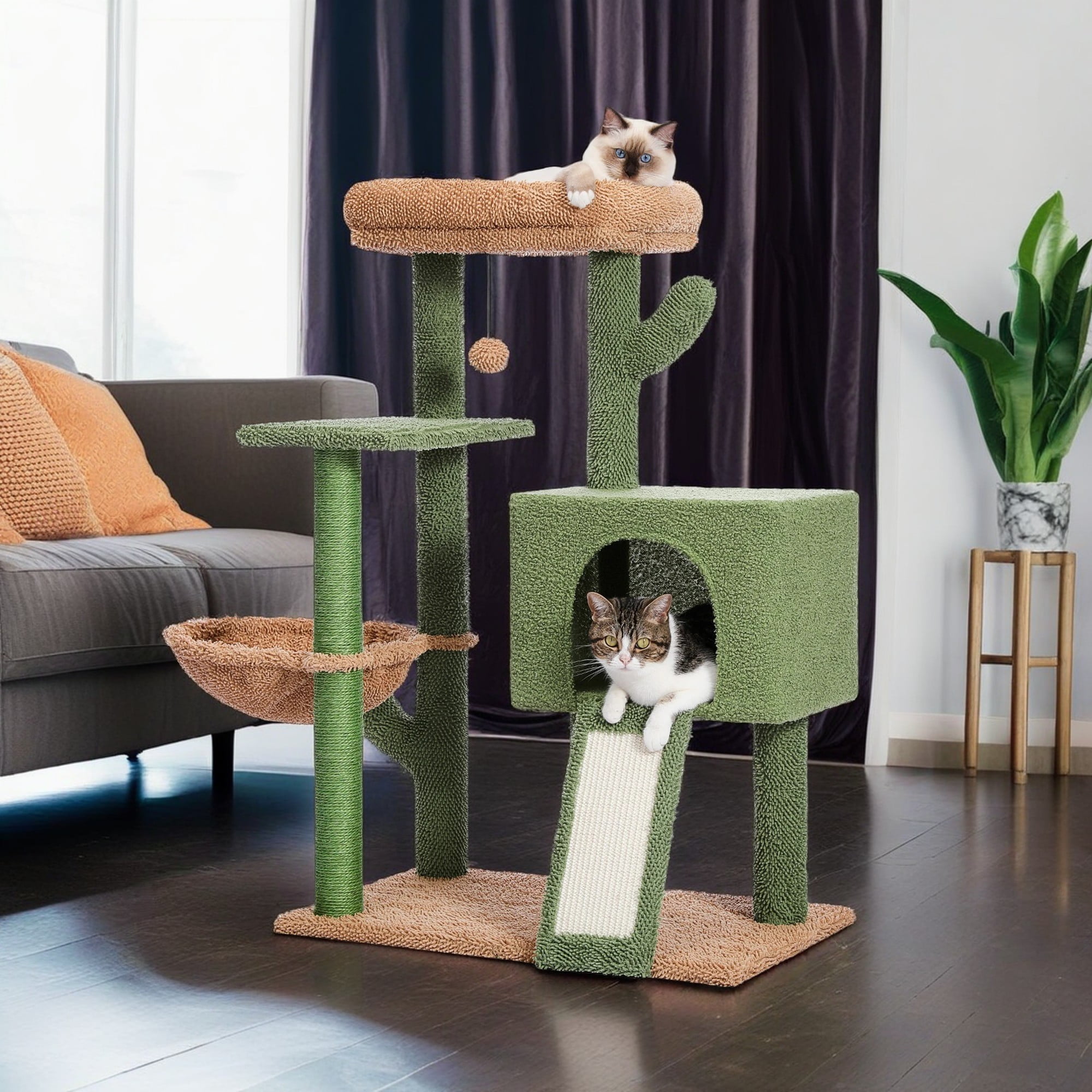 resenkos 41" Cute Cactus Cat Tower Cat Tree with Cozy Condo for Indoor Cats, Cat Climbing Stand with Soft Hammock, Green