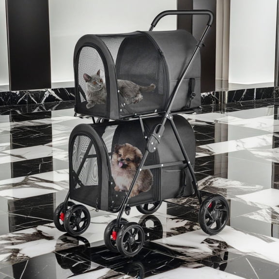 Demi Bonn 41" Double Pet Stroller 4 Wheels Dog Cat Stroller, Carrier Jogger Travel Foldable Puppy Stroller with Detachable Carriers and Travel Carriage, Black