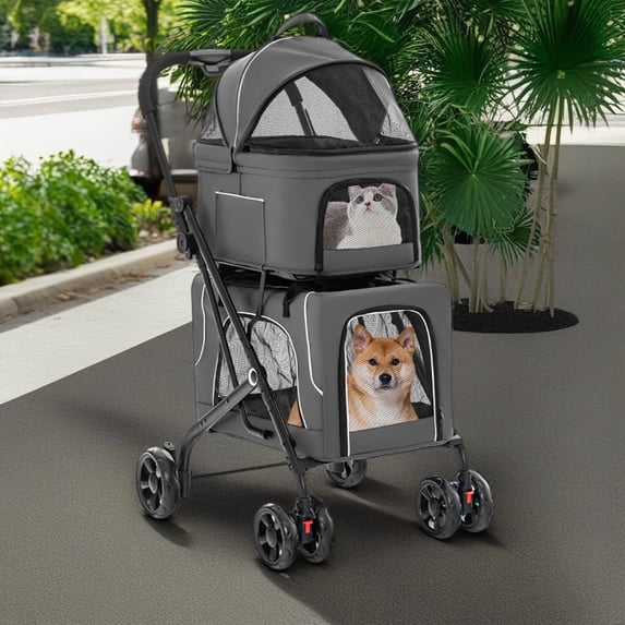 Demi Bonn 41" Double Pet Stroller 4 Wheels Dog Cat Stroller, Carrier Jogger Travel Foldable Puppy Stroller with 2 Detachable Carriers, Gray