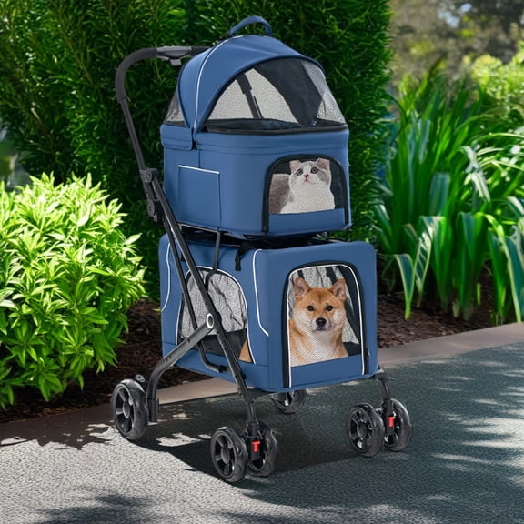 Demi Bonn 41" Double Pet Stroller Dog Cat Cage Jogger Stroller, 3-in-1 Travel Foldable Carrier Puppy Stroller with 2 Detachable Carriers, Blue