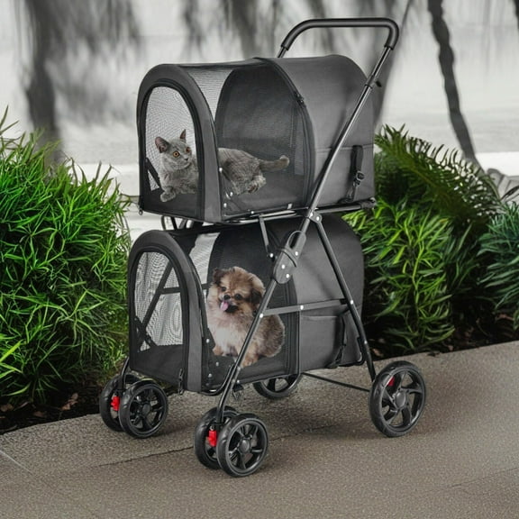 Demi Bonn 41" Double Pet Stroller Dog Cat Cage Jogger Stroller, 4-in-1 Travel Foldable Carrier Puppy Stroller with Detachable Carriers and Travel Carriage, Black