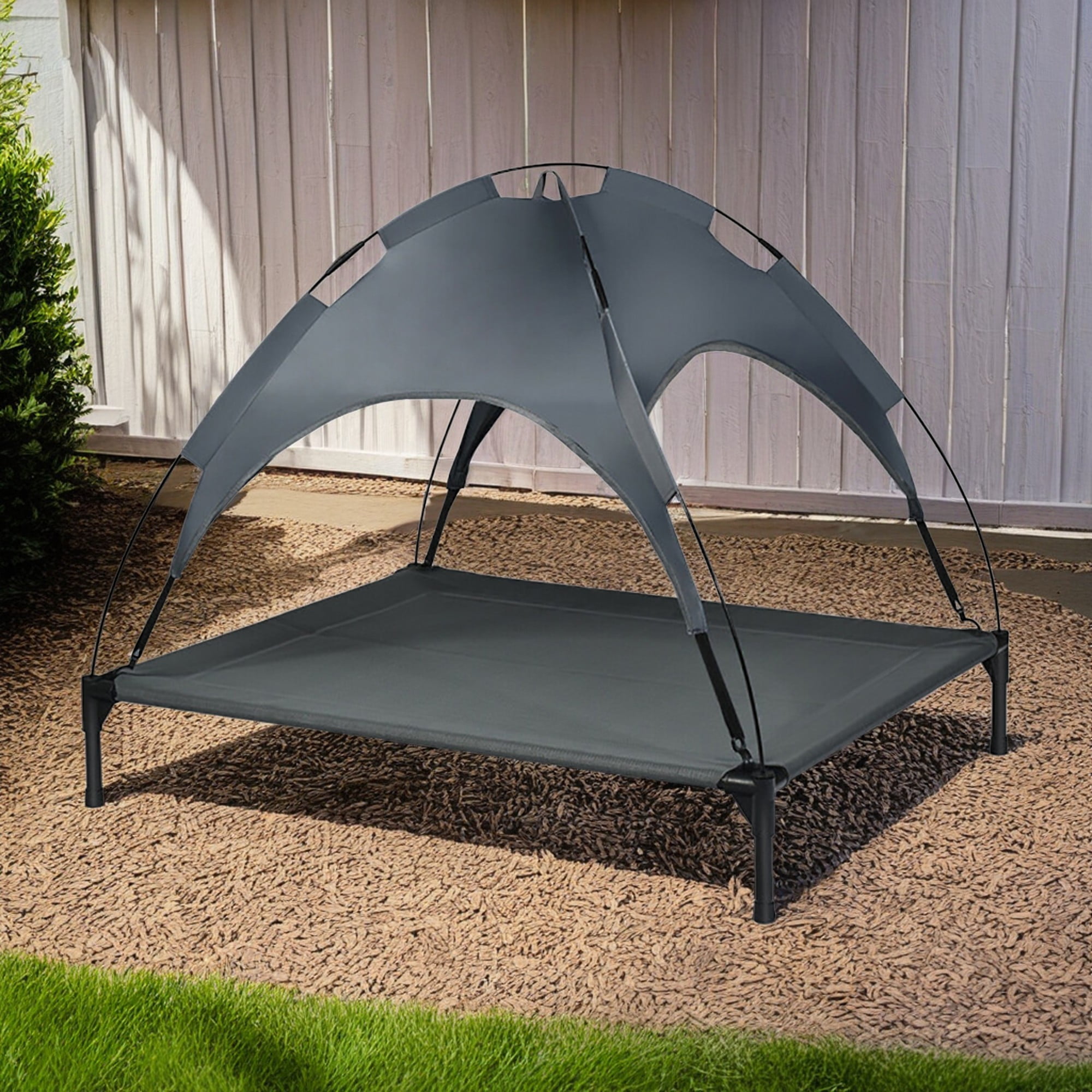 resenkos 41" Elevated Dog Bed with Canopy, Outdoor Dog Cot with Removable Canopy Shade Tent, Portable Raised Pet Cot Cooling Bed for Dogs and Cats, Gray
