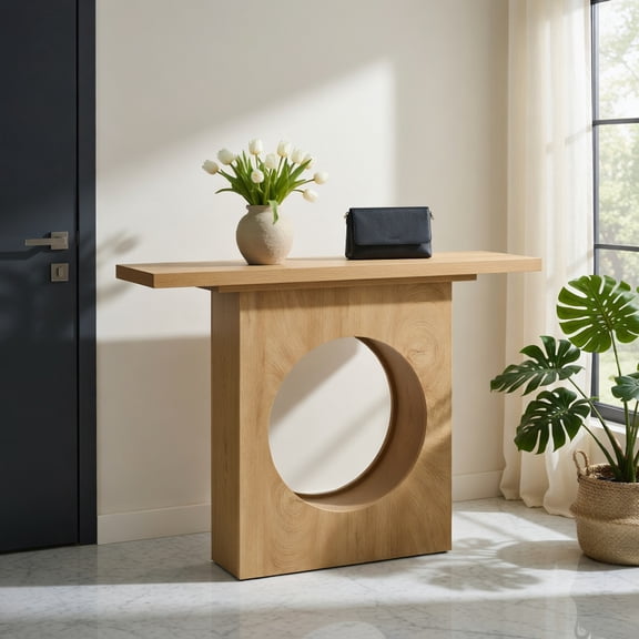 Demi Bonn 41" Farmhouse Console Table with Circular Cutout Design, Narrow Entryway Table for Small Spaces, Rustic Wood Grain Finish, Sturdy Engineered Wood Hall Table, Brown