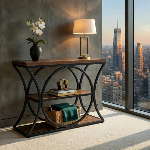 Demi Bonn 41" Industrial Console Table with 3-Tier Open Shelving, Rustic Wood Top & Arched Metal Frame for Entryway, Hallway, or Behind Sofa, Brown