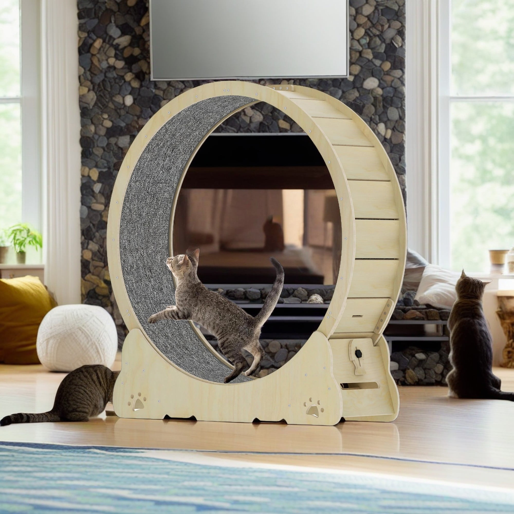 resenkos 41" Large Cat Exercise Wheel, Solid Wood Cat Treadmill Wheel for Indoor Cats, Safety Cat Treadmill with Lock and Minimized Gap Design, Beige