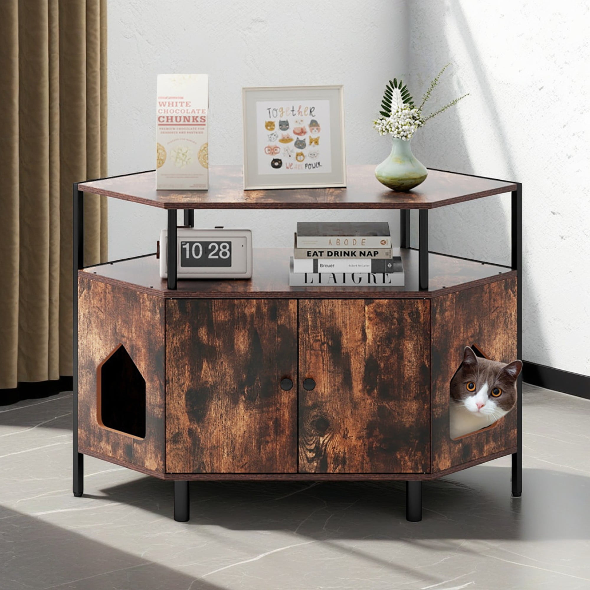 Kadyn 41" Large Hidden Cat Litter Box Enclosure Furniture with Shelf, Corner Wood Cat House Cat Washroom with 2 Entrances, Brown