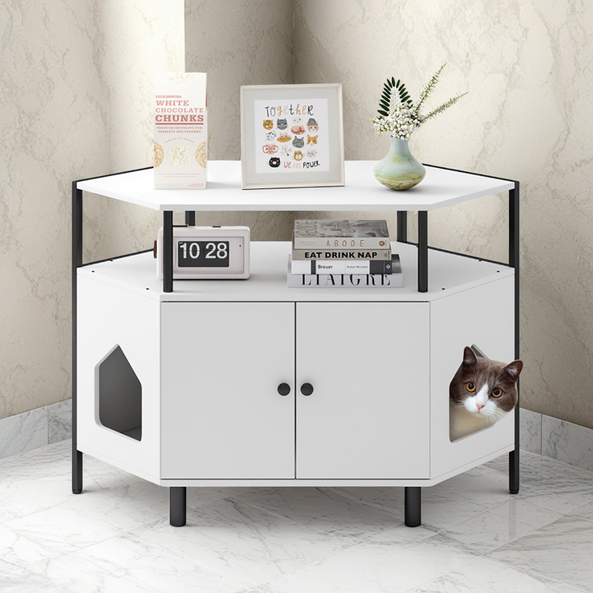 resenkos 41" Large Hidden Cat Litter Box Enclosure Furniture with Shelf, Corner Wood Cat House Cat Washroom with 2 Entrances, White