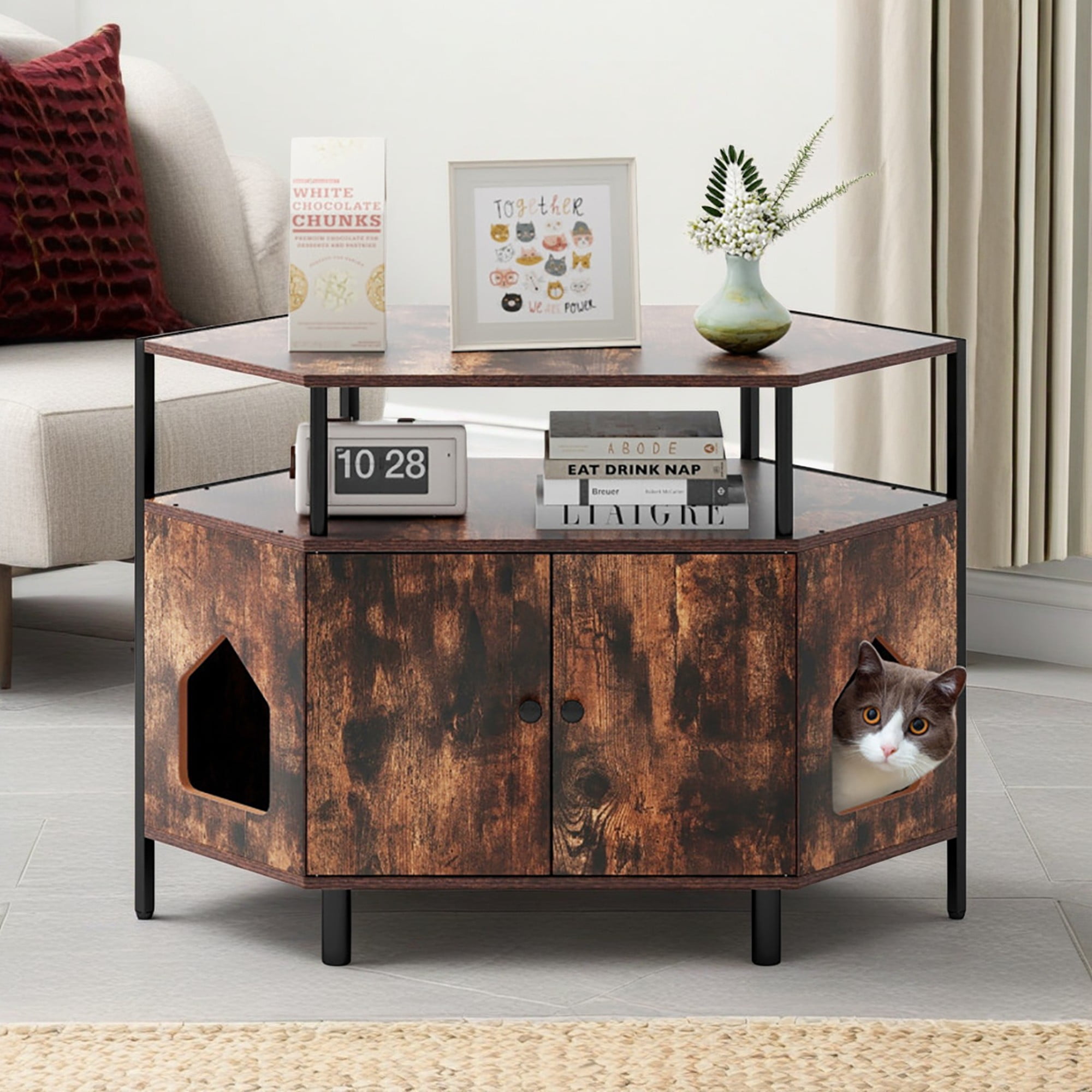 Kadyn 41" Large Hidden Cat Litter Box Furniture with Shelf, Wood Sturdy Cat Washroom Enclosure Cat House Storage with 2 Entrances, Brown