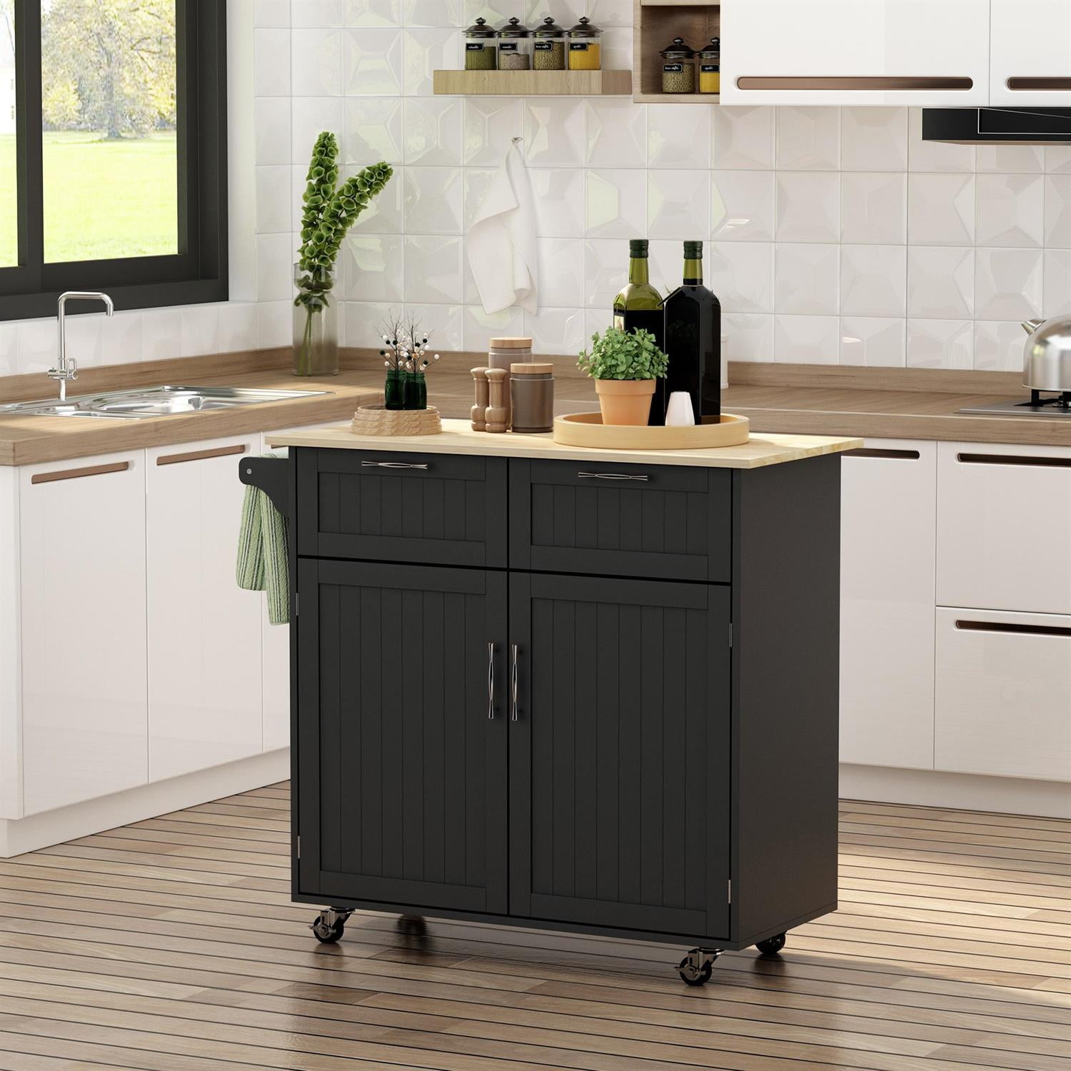 Demi Bonn 41" Modern Rolling Kitchen Cart, Rubberwood Top & Drawers Utility Cart for Home & Kitchen Organization, Black