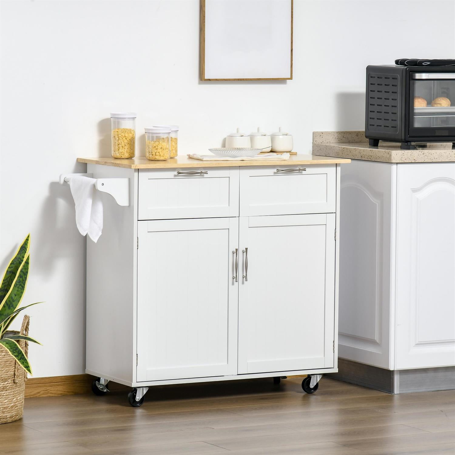 Demi Bonn 41" Modern Rolling Kitchen Island Cart with Wheels, Utility Storage Trolley, Rubberwood Top & Drawers for Home & Kitchen Organization, White