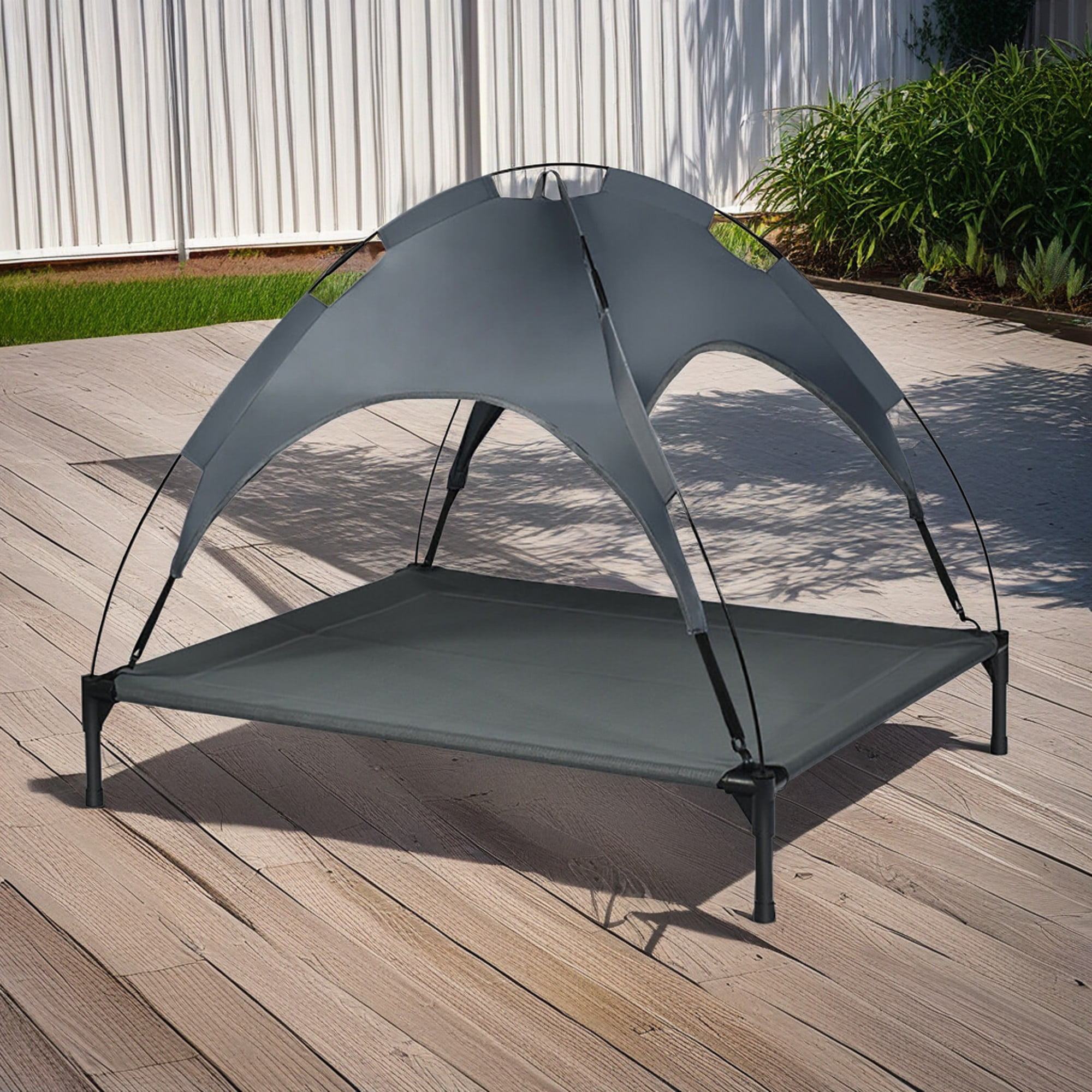 resenkos 41" Outdoor Elevated Dog Cot with Removable Canopy Shade, Pet Bed for Camping Small Medium Dogs, Portable Cooling Raised Dog Bed with and Side for Beach, Gray